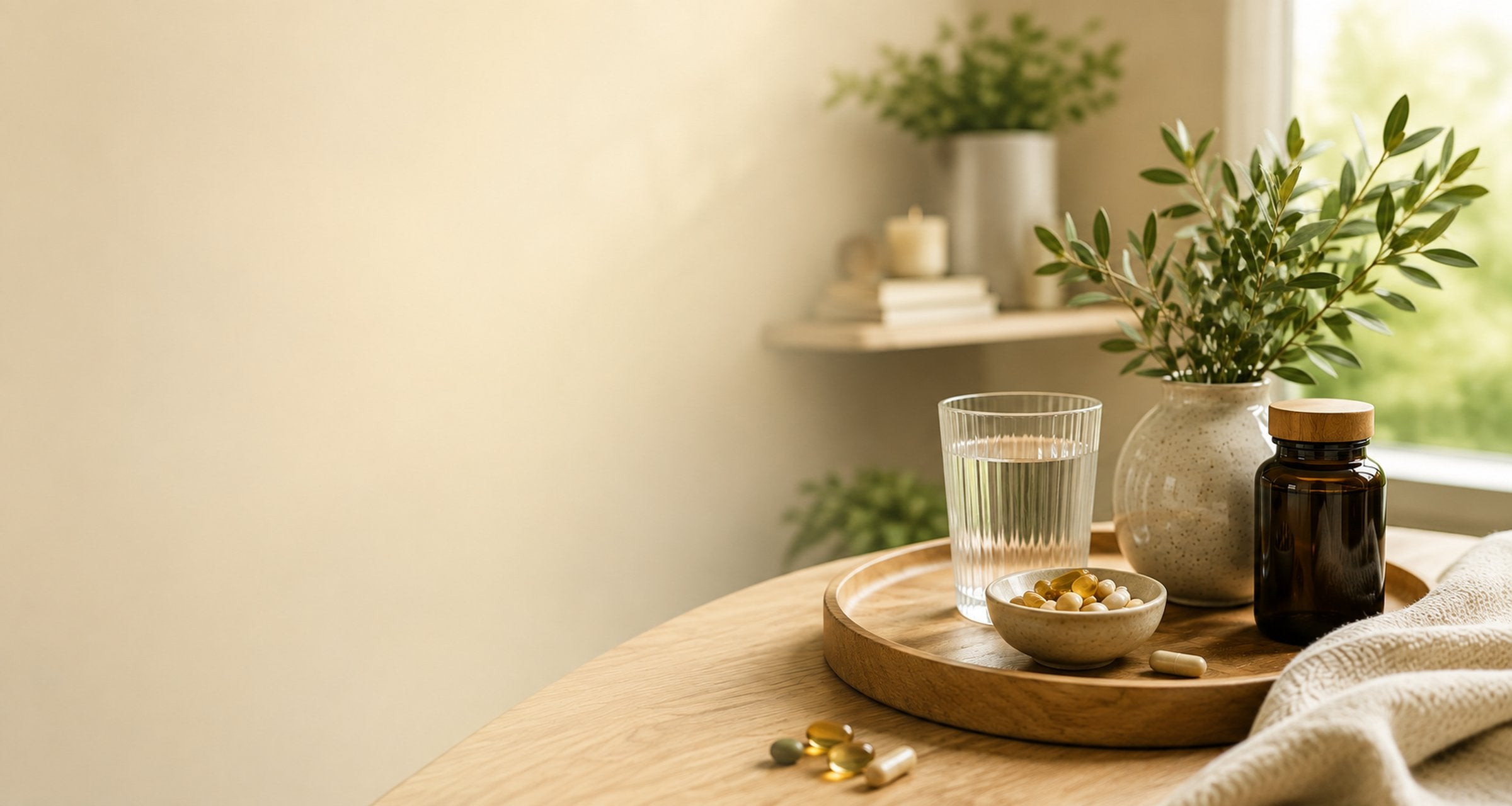 Rustmoment met supplementen, water en planten